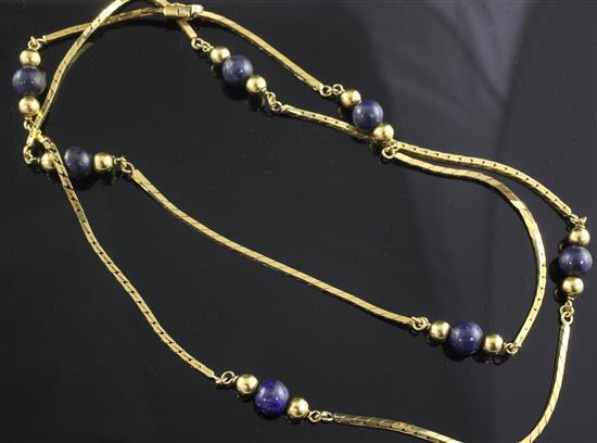 An Italian 18ct gold and lapis lazuli bead necklace, 73cm approx.